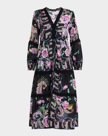 Johnny Was Leda Tiered Lace-Trim Floral Midi Dress