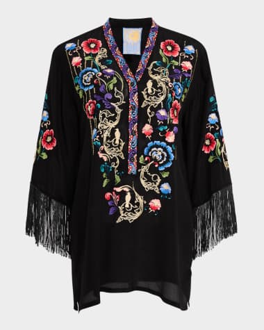 Johnny Was Bahia Embroidered Fringe-Trim Silk Tunic