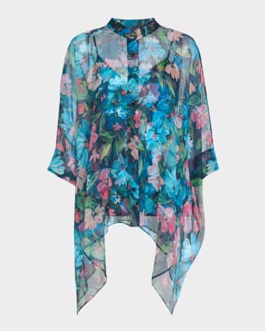 Johnny Was Katia Oversized Floral-Print Chiffon Blouse
