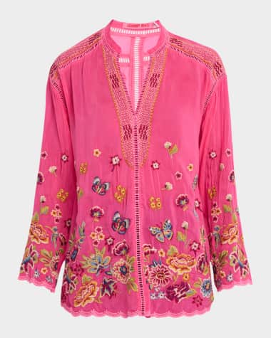 Johnny Was Maude Scalloped Floral-Embroidered Blouse