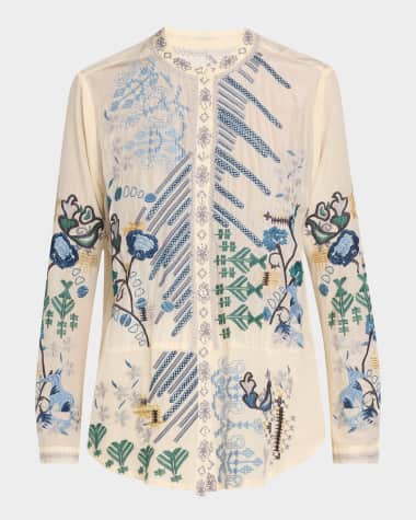 Johnny Was Sirisha Embroidered Silk Crepe De Chine Blouse