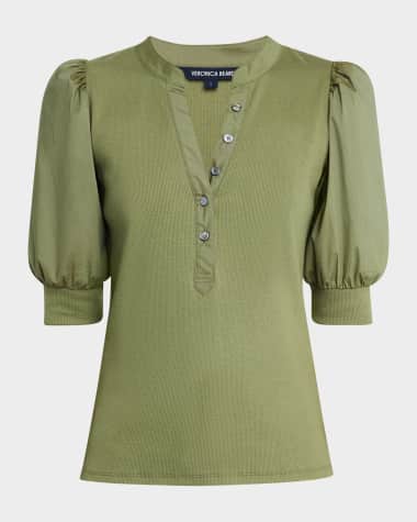 Veronica Beard Coralee Puff Sleeve Button-Front Top