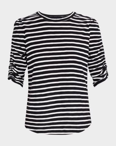 Veronica Beard Waldorf Stripe Ruched-Sleeve Tee