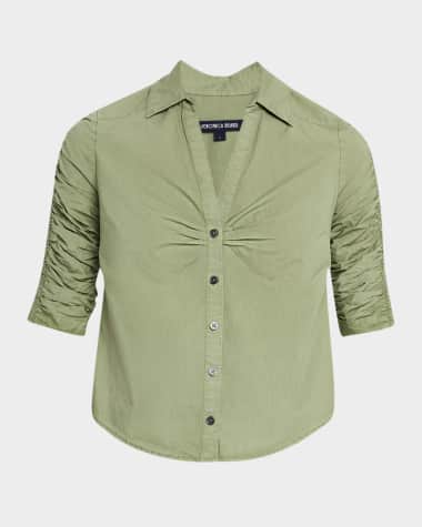 Veronica Beard Porta Ruched-Sleeve Button-Front Shirt