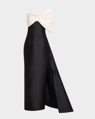 Monique Lhuillier Asymmetric Draped Strapless Bow Column Gown