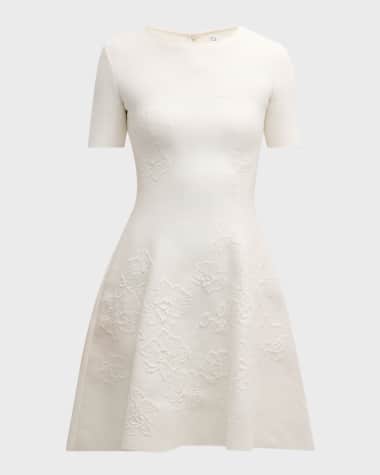Oscar de la Renta Short-Sleeve Orchid Jacquard Fit-&-Flare Mini Dress