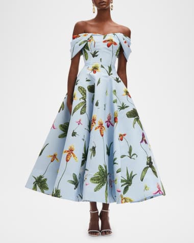 Oscar de la Renta Off-The-Shoulder Orchids Faille Gown