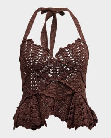 Oscar de la Renta Shell Crochet Knit Halter Peplum Tank Top
