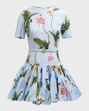 Oscar de la Renta Orchid Poplin Short-Sleeve Tiered Mini Dress With Belt