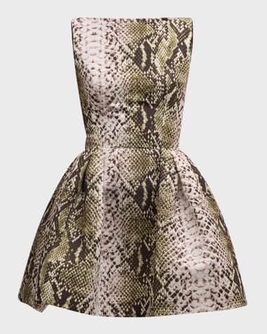 Oscar de la Renta Bateau-Neck Snake-Print Faille Sleeveless Mini Dress
