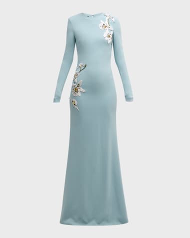 Oscar de la Renta Orchid Embroidered Long-Sleeve Cady Gown