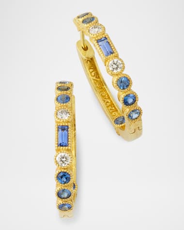 Tanya Farah Modern Etruscan Blue Sapphire and Diamond Hoop Earrings in 18K Yellow Gold