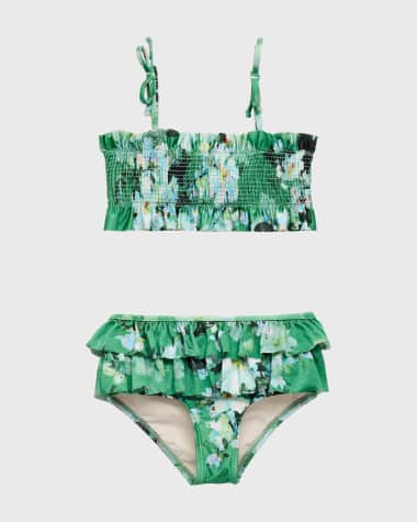 Zimmermann Girl's Everley Shirred Floral-Print Frill Bikini, Size 1-12