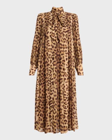 Zimmermann Crush Tie Neck Leopard Midi Dress