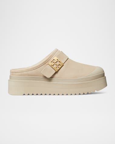 Tory Burch Mellow Suede Shearling Buckle Platform Loafer Mules
