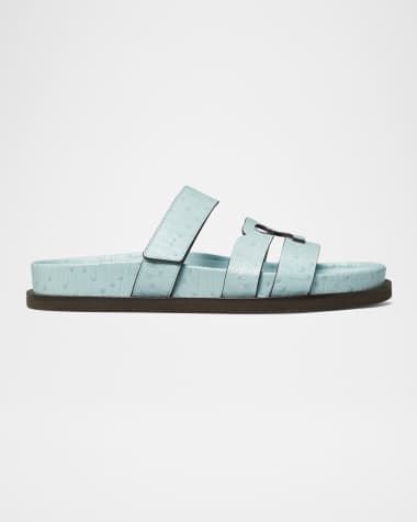 Tory Burch Ines Ostrich-Embossed Triple-Band Sport Mule Sandals