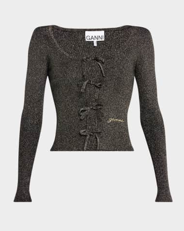 Ganni Sparkly Knit Tie-Front Blouse