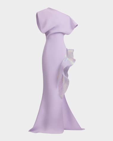Maticevski Wishing Sequined-Ruffle Slit One-Shoulder Gown