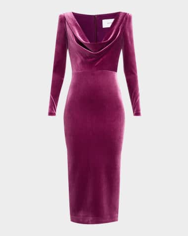 Alex Perry Plunging Draped Long-Sleeve Velvet Midi Dress