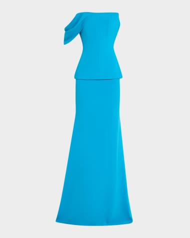 Alex Perry Draped-Sleeve Longline Corset Crepe Gown
