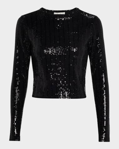 Alice + Olivia Delaina Sequined Long-Sleeve Crop Top