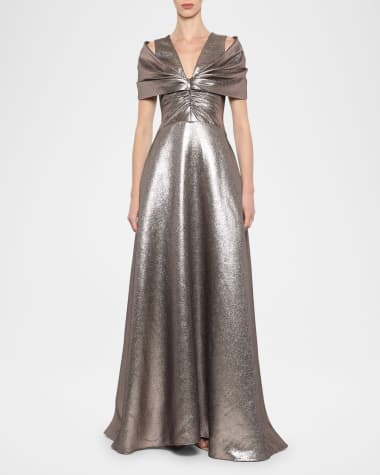 Atelier Prabal Gurung Chiara Metallic Draped-Shoulder Gown