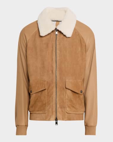 BOSS Camel Men's Maduroy Shearling-Collar Corduroy and Leather Jacket