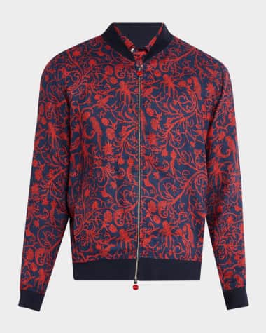Kiton Men's Linen Coral-Print Full-Zip Bomber Jacket