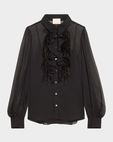 Cinq a Sept Rhonda Feather-Trim Ruffle Top