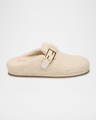 Fendi Shearling Buckle Sabot Mules