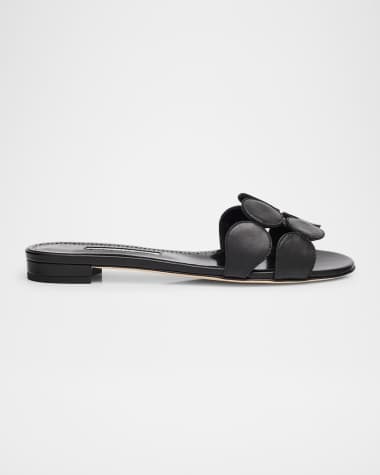 Manolo Blahnik Circle-Cut Leather Flat Slide Sandals