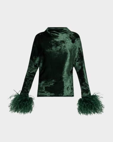 LAPOINTE Feather-Cuffs Velvet Dolman Top