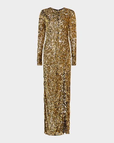 LAPOINTE Abstract Sequin Long-Sleeve Slit Gown