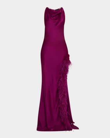 LAPOINTE Feather Slit Satin Halter Gown