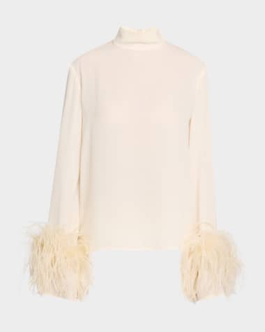 LAPOINTE Feather-Cuff Long-Sleeve Lightweight Georgette Top