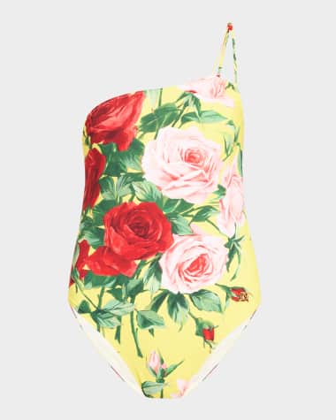 Dolce&Gabbana Lycra St. Bouquet Asymmetric One-Piece Swimsuit