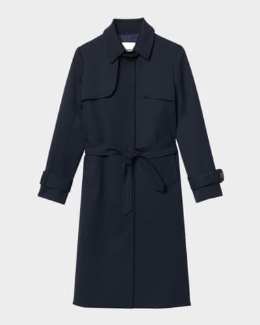 Sandro Navy Pleated-Back Belted Trench Coat