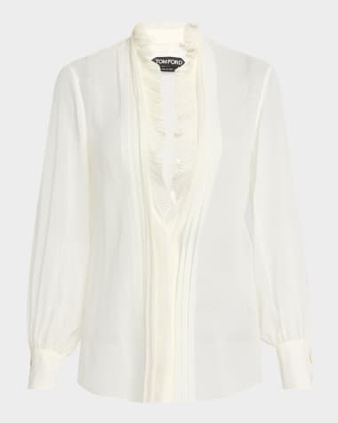 TOM FORD Pleated Puff Sleeve Blouse with Ruffle Trim