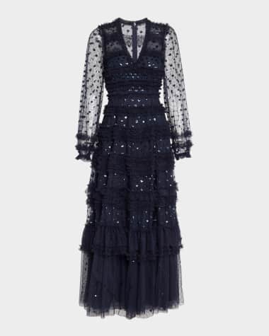 Needle & Thread Vivian Tiered Ruffle-Trim Sequin Ankle Gown