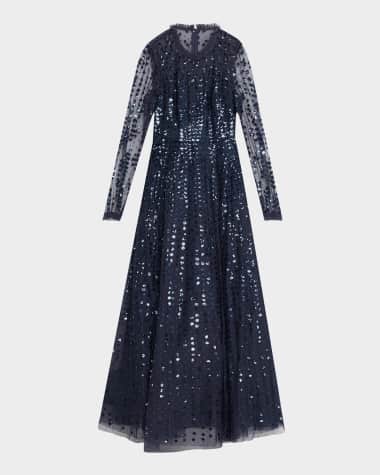 Needle & Thread Raindrop Sheer-Sleeve Sequin Ankle Gown