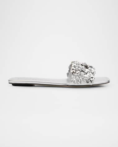 Stuart Weitzman Meadow Metallic Leather Flower Slides