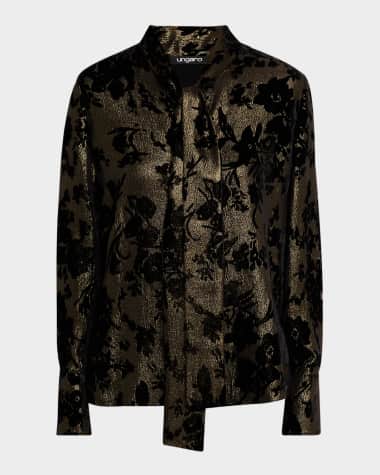 Ungaro Tie-Neck Metallic Floral Jacquard Blouse