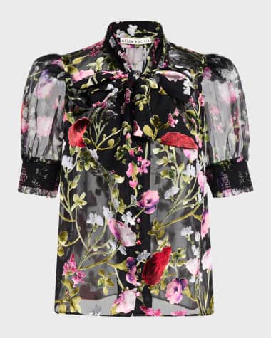 Alice + Olivia Brentley Tie-Neck Puff-Sleeve Blouse
