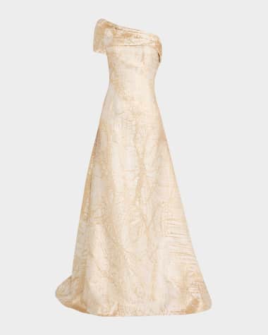 Rickie Freeman for Teri Jon One-Shoulder Metallic Jacquard Gown