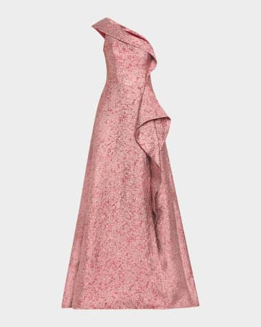 Rickie Freeman for Teri Jon One-Shoulder Metallic Jacquard Gown