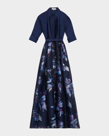 Rickie Freeman for Teri Jon Taffeta & Floral Jacquard Organza Shirt Gown