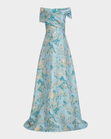 Rickie Freeman for Teri Jon Off-Shoulder Metallic Jacquard Gown