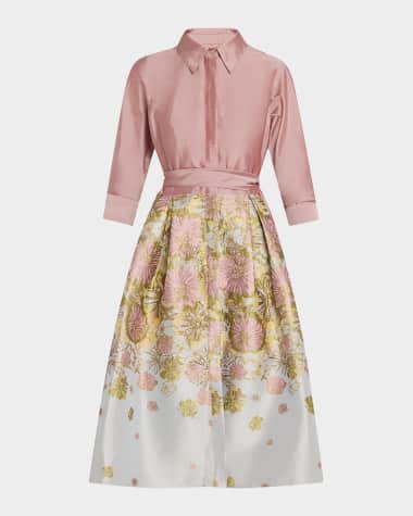 Rickie Freeman for Teri Jon Pleated Floral Jacquard Midi Shirtdress