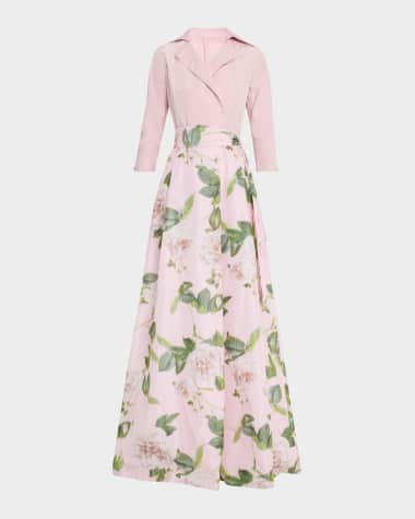 Rickie Freeman for Teri Jon Floral-Print Faille Taffeta Shirt Gown
