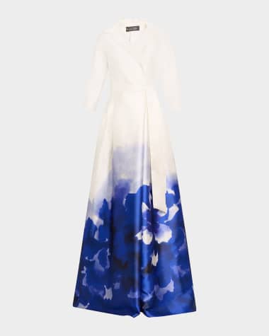 Rickie Freeman for Teri Jon Border-Print Mikado Shirt Gown